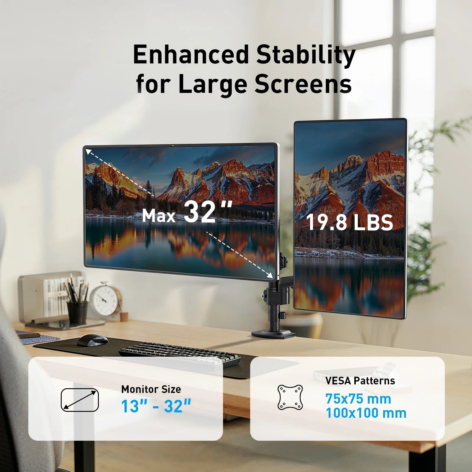 Dual Monitor Mount for 13-32 Inch Screens, Adjustable Dual Monitor Arm with 180° Swivel